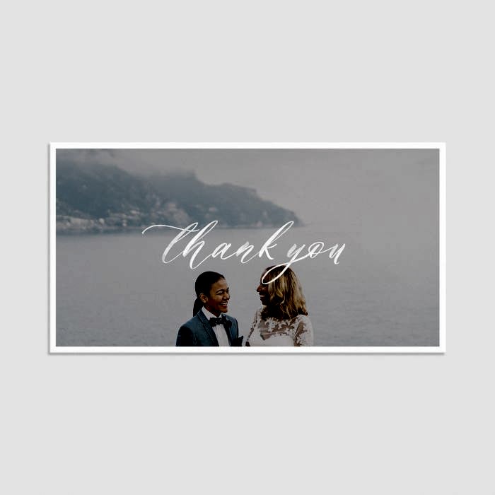 photo wedding thank you card with couple smiling