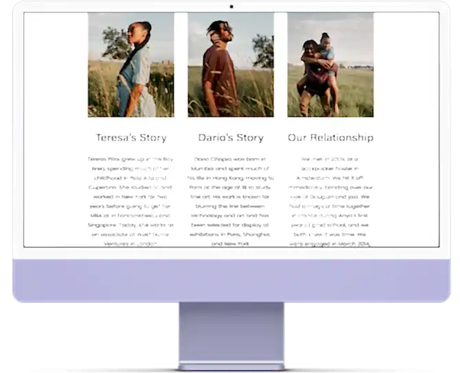 Computer screen showing a wedding website with titles: "Teresa's Story", "Dario's Story", and "Our Relationship"
