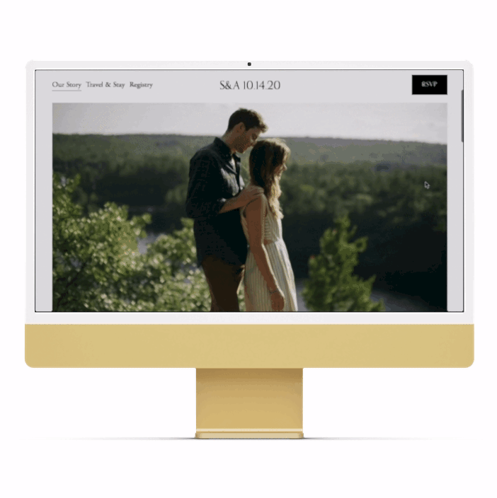 Computer screen showing moving image of a wedding website