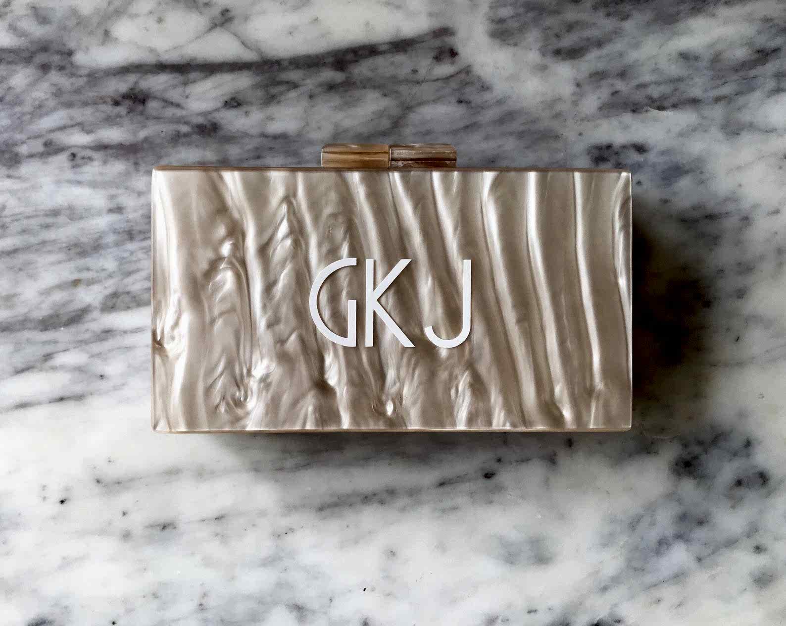 acrylic initialed clutch bag