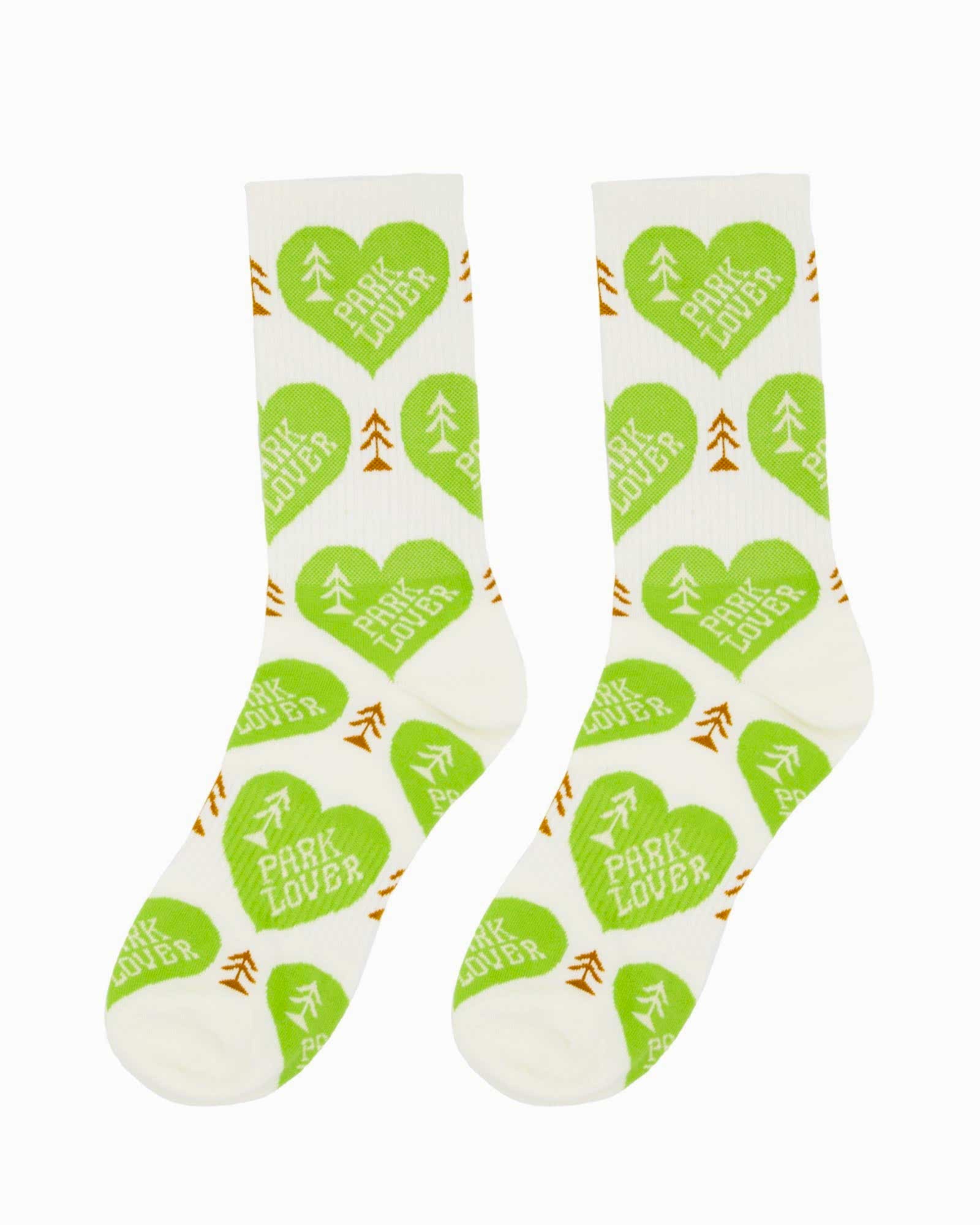 White socks with green hearts that say "park lover" and trees