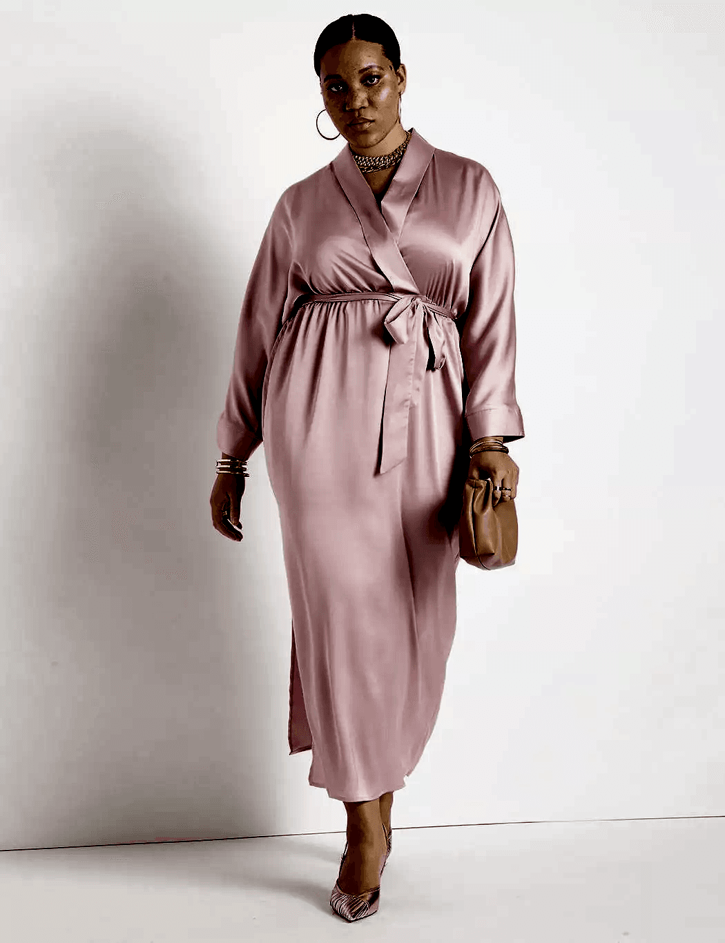 pink satin dolman sleeve wedding guest dress