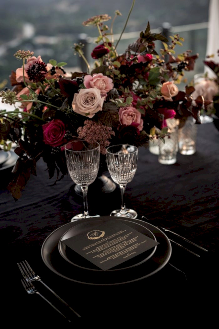 A dark floral centerpiece